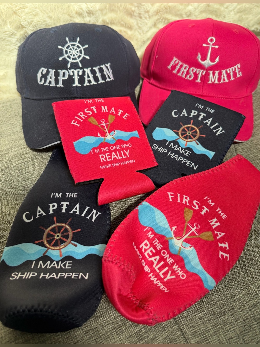 Nautical Hats, Can & Bottle Koozies - 'I'm the Captain'  & 'I'm the First Mate'